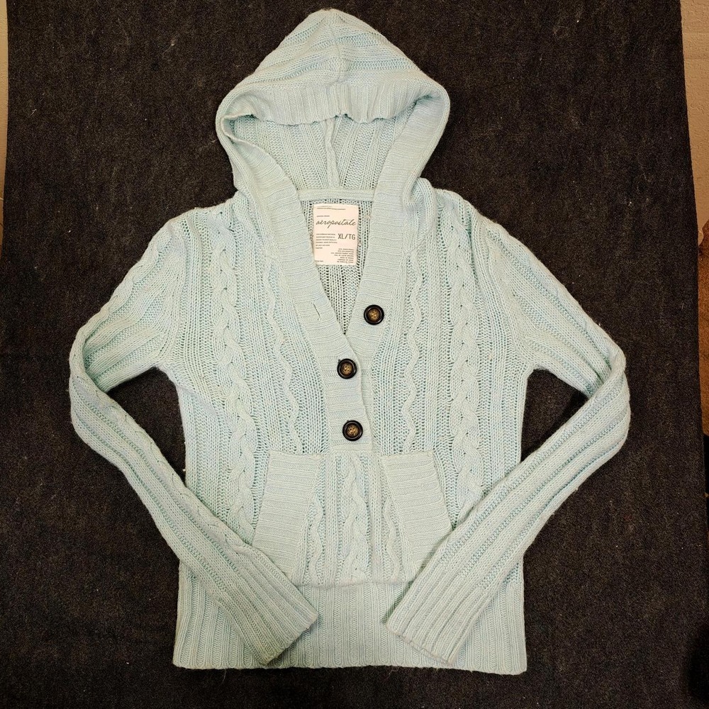 Aeropostale Womens XL Light Blue Cable Knit Button Hoodie Sweater Angora Blend